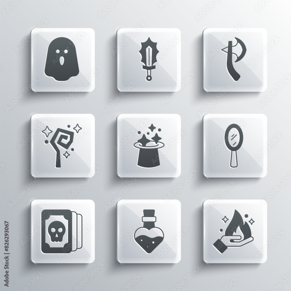 Set Bottle with potion, Hand holding fire, Magic hand mirror, hat, Tarot cards, staff, Ghost and Wooden axe icon. Vector Set Bottle with potion, Hand holding fire, Magic hand mirror, hat, Tarot cards, staff, Ghost and Wooden axe icon. Vector