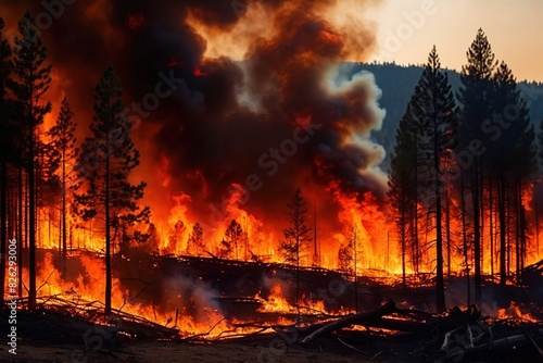 Forest fire  wildfire landscape natural disaster catastrophe  with smoke and flames
