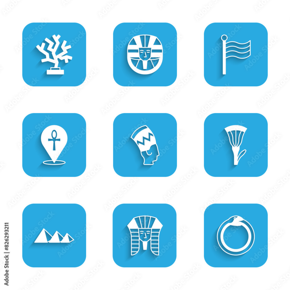 Set Nefertiti, Egyptian pharaoh, Magic symbol of Ouroboros, lotus, pyramids, Cross ankh, Flag Of and Coral icon. Vector Set Nefertiti, Egyptian pharaoh, Magic symbol of Ouroboros, lotus, pyramids, Cross ankh, Flag Of and Coral icon. Vector