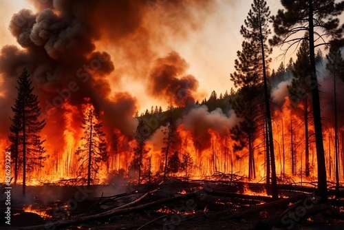 Forest fire  wildfire landscape natural disaster catastrophe  with smoke and flames