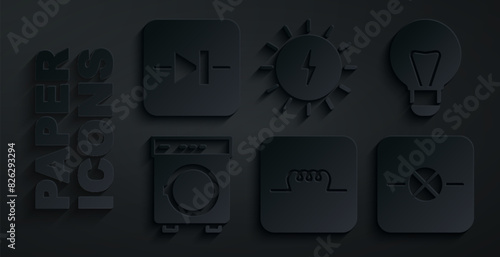 Set Inductor in electronic circuit, Creative lamp light idea, Washer, Lamp, Solar energy panel and Diode icon. Vector