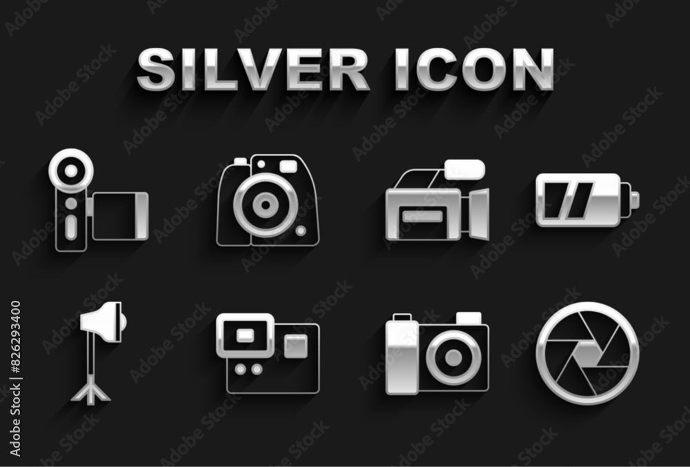 Set Action extreme camera, Battery for, Camera shutter, Photo, Studio light bulb in softbox, Cinema, and icon. Vector Set Action extreme camera, Battery for, Camera shutter, Photo, Studio light bulb in softbox, Cinema, and icon. Vector