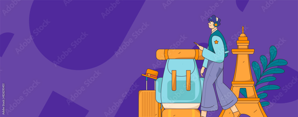 Naklejka premium Holiday travel travel characters internet background vector hand drawn illustration 