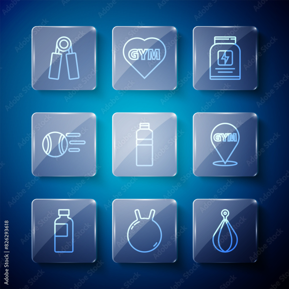Set line Fitness shaker, Kettlebell, Punching bag, Sports nutrition, Tennis ball, expander and Location gym icon. Vector Set line Fitness shaker, Kettlebell, Punching bag, Sports nutrition, Tennis ball, expander and Location gym icon. Vector
