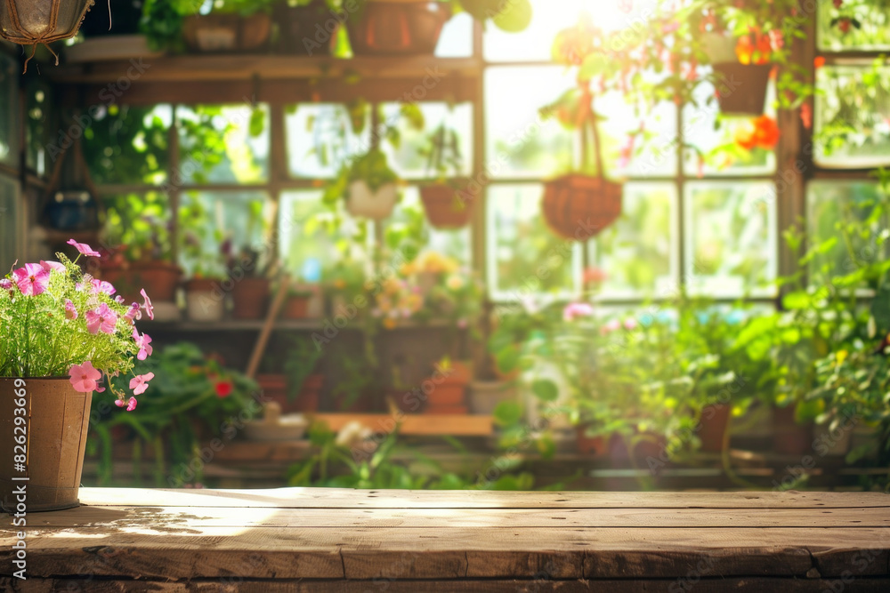A wooden potting bench in the foreground with a blurred background of a botanical greenhouse. The background includes various potted plants, hanging flowers, gardening tools, and large glass windows A wooden potting bench in the foreground with a blurred background of a botanical greenhouse. The background includes various potted plants, hanging flowers, gardening tools, and large glass windows