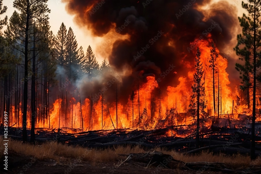 Forest fire, wildfire landscape natural disaster catastrophe, with smoke and flames