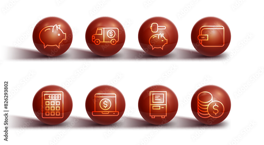 Set line Piggy bank, Calculator, Wallet, ATM, Laptop with dollar, Armored truck, Coin money and and hammer icon. Vector Set line Piggy bank, Calculator, Wallet, ATM, Laptop with dollar, Armored truck, Coin money and and hammer icon. Vector
