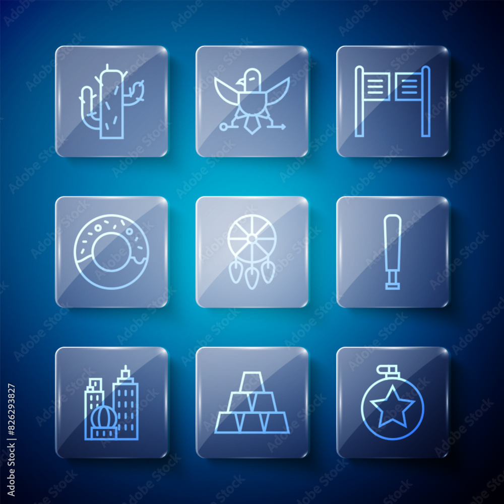 Set line City landscape, Gold bars, Canteen water bottle, Saloon door, Dream catcher with feathers, Donut, Cactus and Baseball bat icon. Vector Set line City landscape, Gold bars, Canteen water bottle, Saloon door, Dream catcher with feathers, Donut, Cactus and Baseball bat icon. Vector
