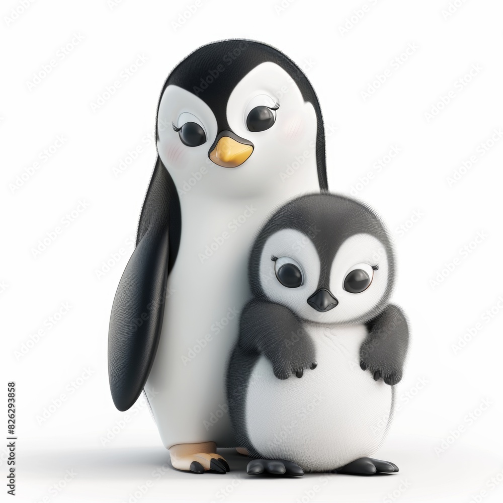 Fototapeta premium Penguin with cub. 3D rendering cute animal isolated over white background.