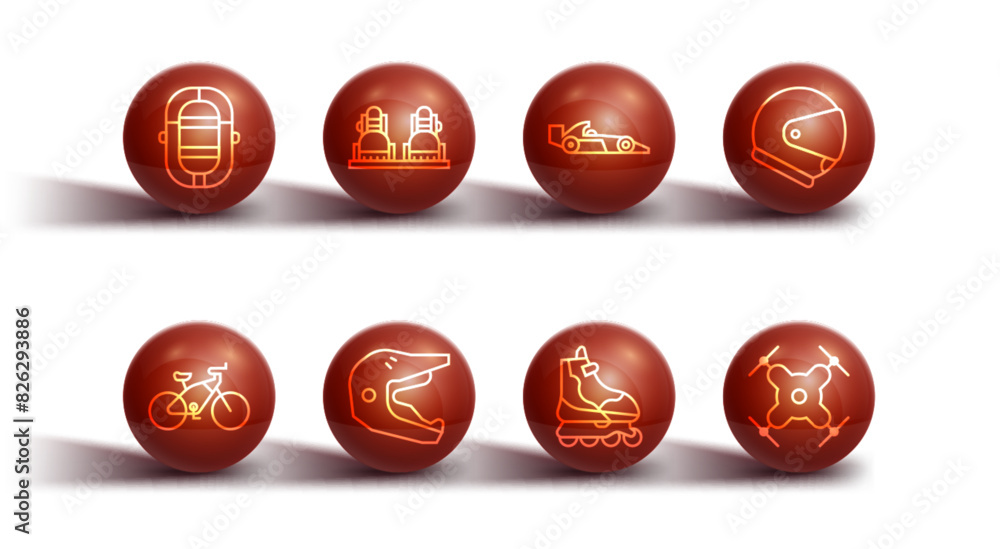 Set line Rafting boat, Bicycle, Helmet, Roller skate, Motocross motorcycle helmet, Snowboard, Drone flying and Formula 1 racing car icon. Vector Set line Rafting boat, Bicycle, Helmet, Roller skate, Motocross motorcycle helmet, Snowboard, Drone flying and Formula 1 racing car icon. Vector