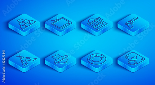 Set line Gold bars, Retro tv, Slot machine, Western cowboy hat, Donut, Pistol or gun, Indian teepee wigwam and Casino chip and playing cards icon. Vector