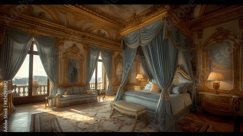 A royal luxury bedroom with a canopy bed draped in silk  ornate gold leaf detailing  and velvet furnishings fit for a king or queen  exuding regal splendor
