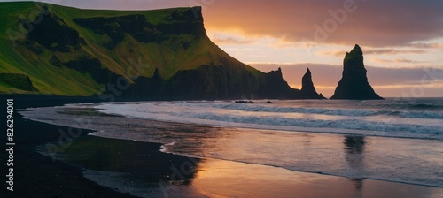 nbelievable sunset on Reynisdrangar cliffs in Atlanti photo