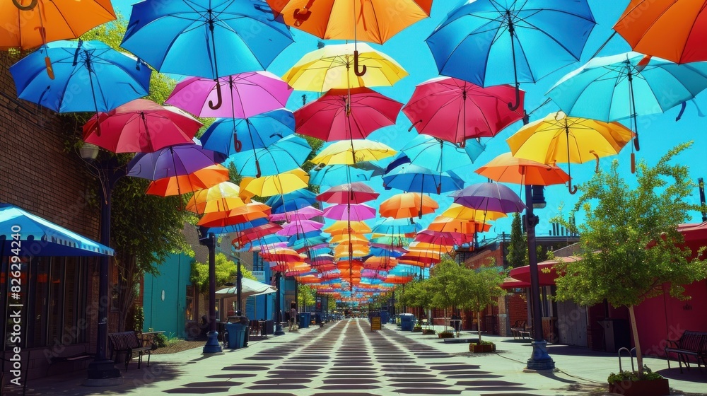 Rows of colorful hanging umbrellas above a street sidewalk with tall trees. Red, yellow, blue, orange, green fabric backlit by sky light Rows of colorful hanging umbrellas above a street sidewalk with tall trees. Red, yellow, blue, orange, green fabric backlit by sky light