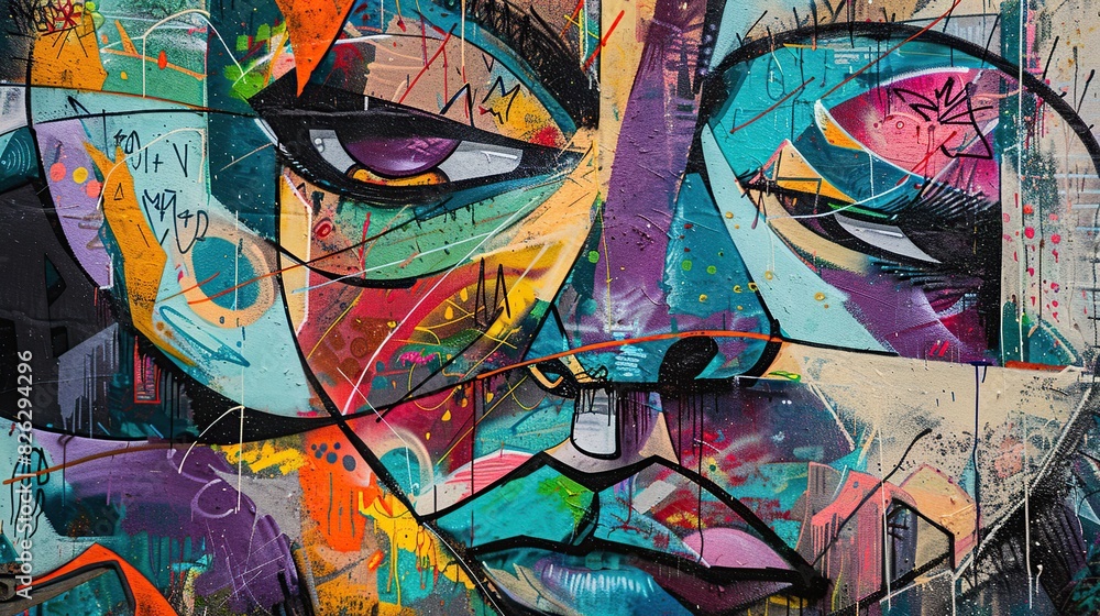 Colorful abstract painting with lots of shapes and lines. The painting is full of bright colors and has many details Colorful abstract painting with lots of shapes and lines. The painting is full of bright colors and has many details