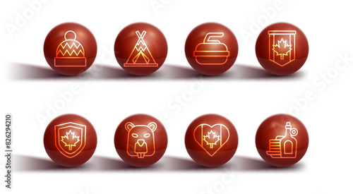 Set line Beanie hat, Canada flag on shield, Pennant of, Heart shaped, Beaver animal, Indian teepee or wigwam, Syrup with pancakes and Stone for curling icon. Vector
