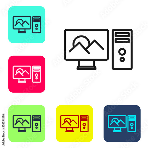 Black line Photo retouching icon isolated on white background. Photographer, photography, retouch icon. Set icons in color square buttons. Vector