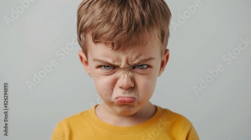 Angry child face over plain background