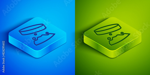 Isometric line Giant magnet holding iron dust icon isolated on blue and green background. Square button. Vector