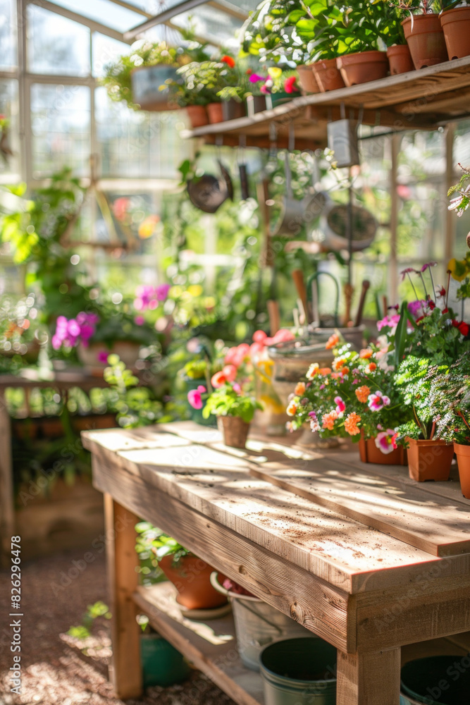 A wooden potting bench in the foreground with a blurred background of a botanical greenhouse. The background includes various potted plants, hanging flowers, gardening tools, and large glass windows A wooden potting bench in the foreground with a blurred background of a botanical greenhouse. The background includes various potted plants, hanging flowers, gardening tools, and large glass windows