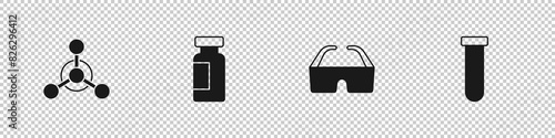 Set Molecule, Test tube and flask, Safety goggle glasses and icon. Vector