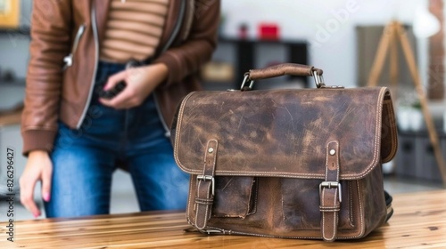 Woman is holding natural bag made of braided leather. The concept of womens fashion.