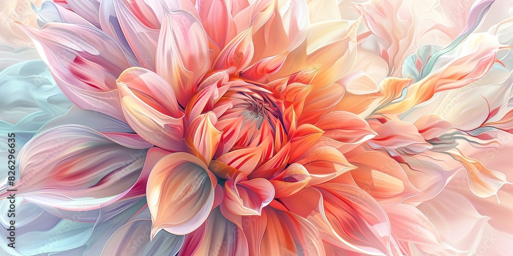 Fototapeta premium Dahlia. Peach purple color border frame with copy space. It serves as a branding mock up, represents. Holiday marketing concept. Dahlias explosion of abstract flowers, bloom watercolor textures petals