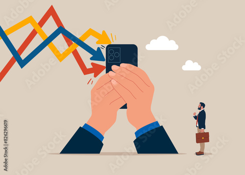 Businessman with smartphone to cover and protect from downturn arrow.  Business resilient to survive difficulty. Flat vector illustration