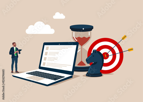 Entrepreneur with computer, target with chess knight and sandglass. Business strategy, market success goal. Flat vector illustration