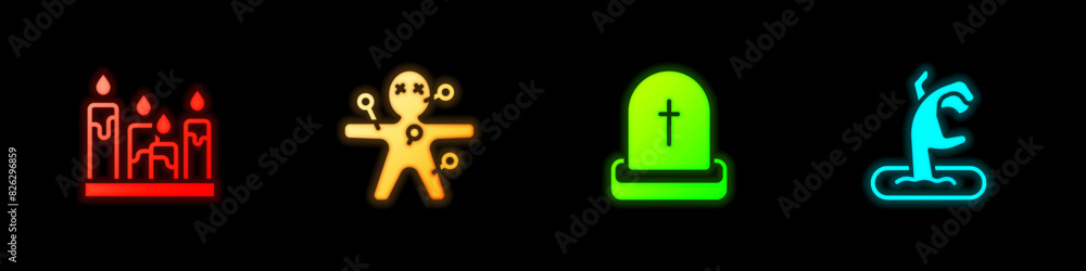 Set Burning candle, Voodoo doll, Tombstone with RIP written and Zombie hand icon. Vector Set Burning candle, Voodoo doll, Tombstone with RIP written and Zombie hand icon. Vector