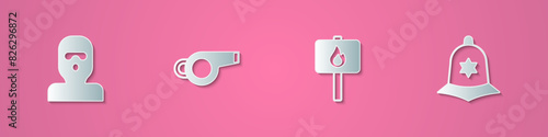 Set paper cut Thief mask, Whistle, Protest and British police helmet icon. Paper art style. Vector