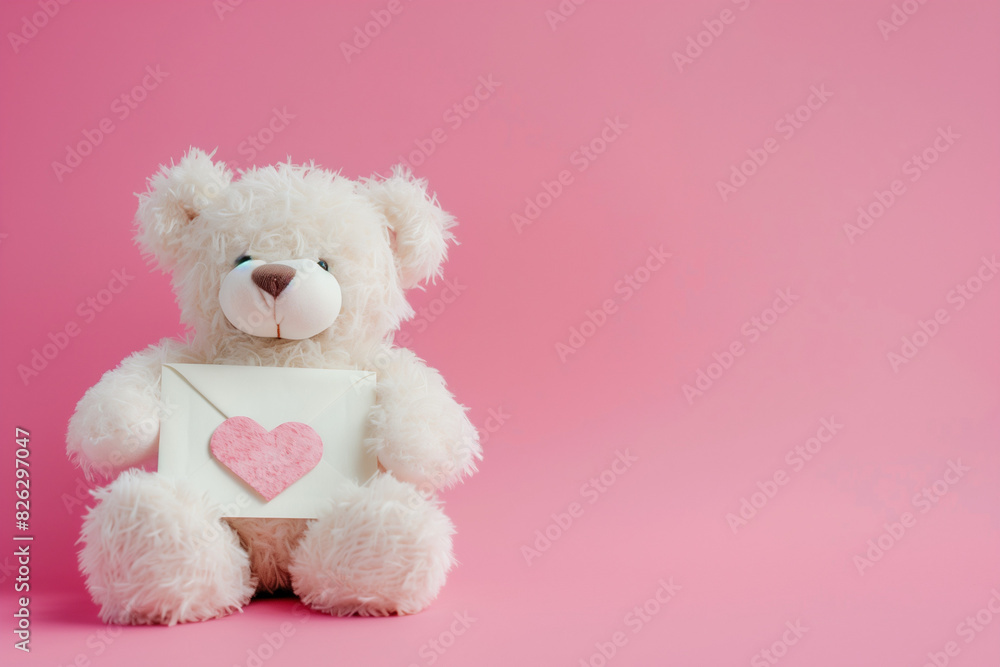 White teddy bear holding envelope with a pink heart on a pink background with copy space White teddy bear holding envelope with a pink heart on a pink background with copy space