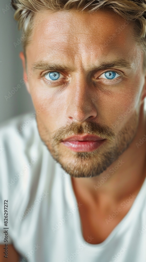 Fototapeta premium Handsome confident blond man, staring serious and cool at camera, wearing white t-shirt, white background