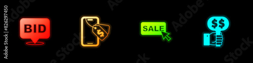 Set Bid, Online auction, Price tag with Sale and Hand holding paddle icon. Vector