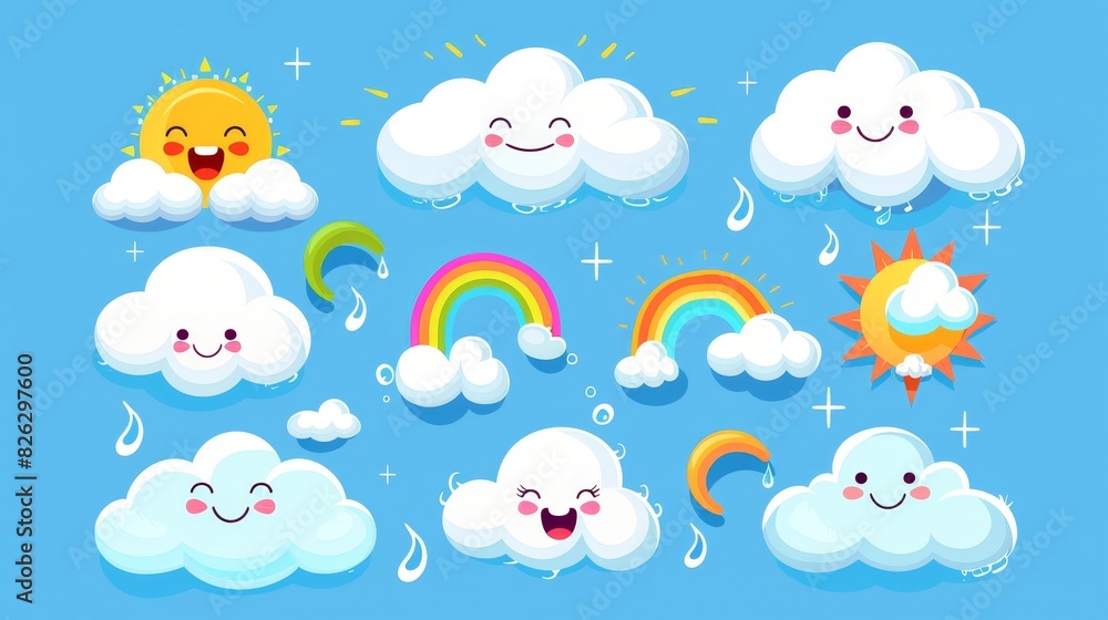 Cloud emoji emotion icon set. Fluffy clouds. Sun, rainbow, rain droplet, wind, thunderbolt storm lightning. Cartoon cloudscape flat design. Blue sky background. Cloud emoji emotion icon set. Fluffy clouds. Sun, rainbow, rain droplet, wind, thunderbolt storm lightning. Cartoon cloudscape flat design. Blue sky background.