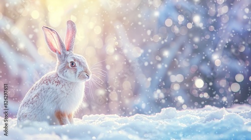 Winter forest with snow and a white hare. Wild animals in winter. Christmas card.