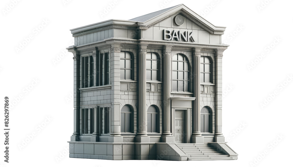Fototapeta premium Bank building cut out transparent isolated on white background PNG file