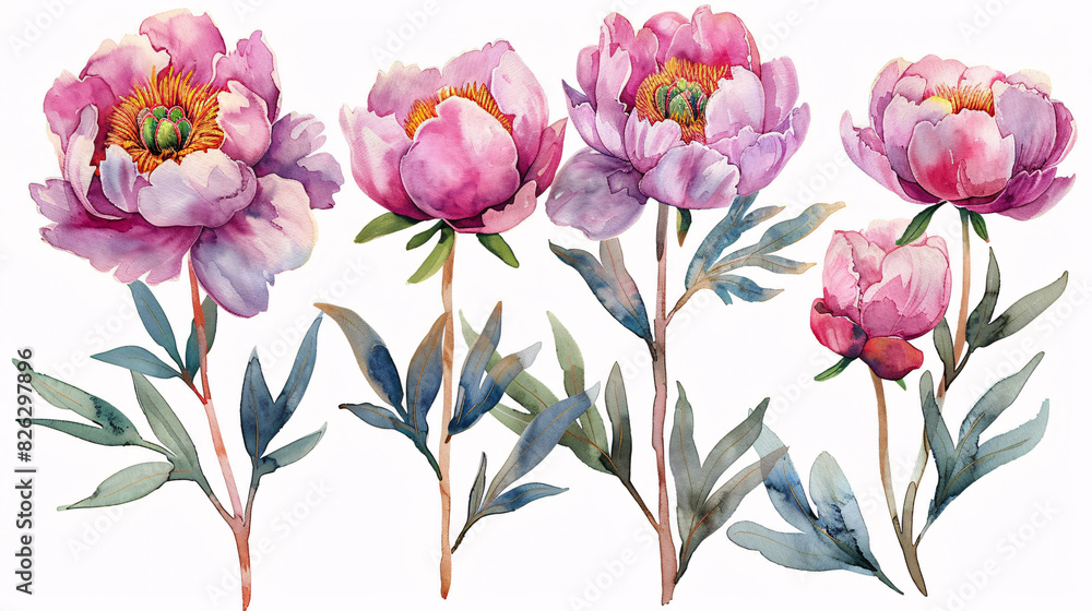 Fototapeta premium Beautiful watercolor drawings of garden-inspired peony flowers and botanical decorations, isolated on white background