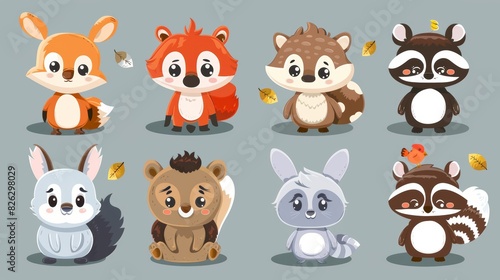 Animal illustration featuring woodland woodland forest animals such as rabbits, hedgehogs, bears, foxes, raccoons, birds and owls.
