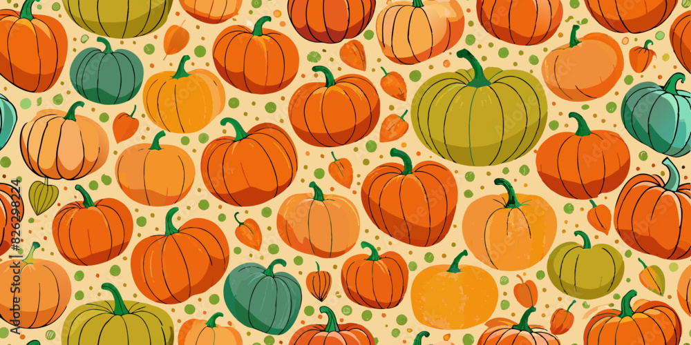 Illustrated pattern of various pumpkins in different shades of orange, green, and yellow, scattered on a light beige background. The pumpkins range in size and shape Illustrated pattern of various pumpkins in different shades of orange, green, and yellow, scattered on a light beige background. The pumpkins range in size and shape