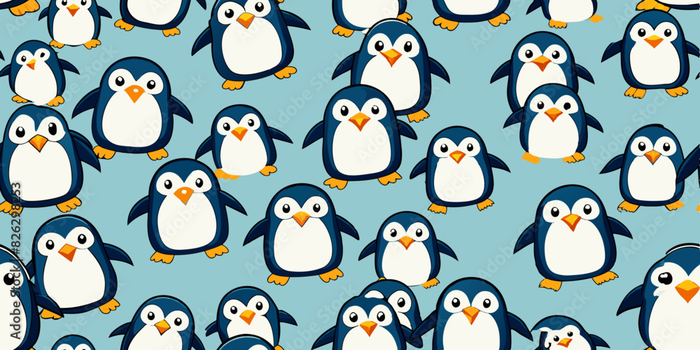 Pattern of numerous small, cartoonish penguins, each with a dark blue and white body, orange beaks, and orange feet, on a light blue background featuring tiny white dots resembling snowflakes Pattern of numerous small, cartoonish penguins, each with a dark blue and white body, orange beaks, and orange feet, on a light blue background featuring tiny white dots resembling snowflakes