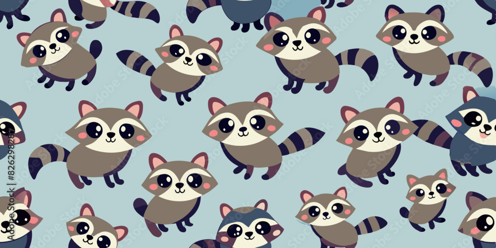 Seamless pattern of cute, cartoonish raccoons with big eyes, pink cheeks, and striped tails on a light blue background. The raccoons are scattered across the image, each in various playful poses.