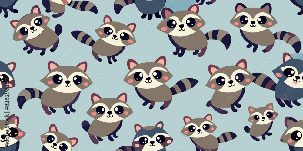 Fototapeta premium Seamless pattern of cute, cartoonish raccoons with big eyes, pink cheeks, and striped tails on a light blue background. The raccoons are scattered across the image, each in various playful poses.
