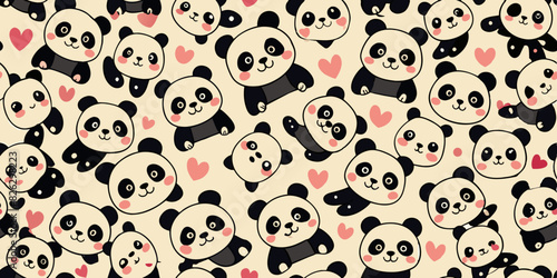 Pattern of cute, cartoon pandas with rosy cheeks on a yellow background. The pandas have different expressions and are surrounded by small geometric shapes and flowers.