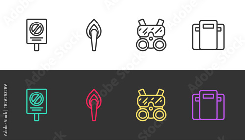 Set line Protest, Torch flame, Gas mask and Police assault shield on black and white. Vector