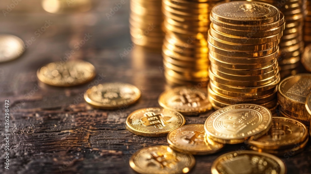 Several stacks of shiny golden Bitcoin coins are displayed on a rustic wooden surface, with sunlight highlighting their brilliance. Several stacks of shiny golden Bitcoin coins are displayed on a rustic wooden surface, with sunlight highlighting their brilliance.