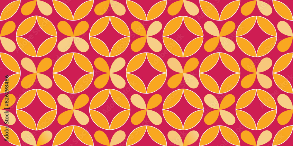 A geometric pattern with interlocking circles and petal-like shapes in yellow and orange on a red background. The design repeats symmetrically, creating a seamless and vibrant visual effect.