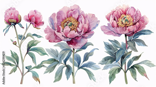 Fototapeta Naklejka Na Ścianę i Meble -  Beautiful watercolor drawings of garden-inspired peony flowers and botanical decorations, isolated on white background