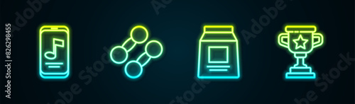 Set line Music player, Dumbbell, Sports nutrition and Award cup. Glowing neon icon. Vector