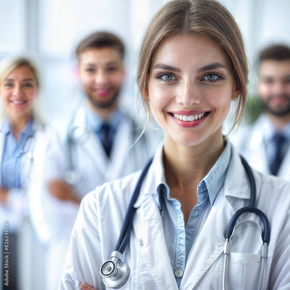 A smiling female doctor with a stethoscope standing in front of a group of doctors. A smiling female doctor with a stethoscope standing in front of a group of doctors.